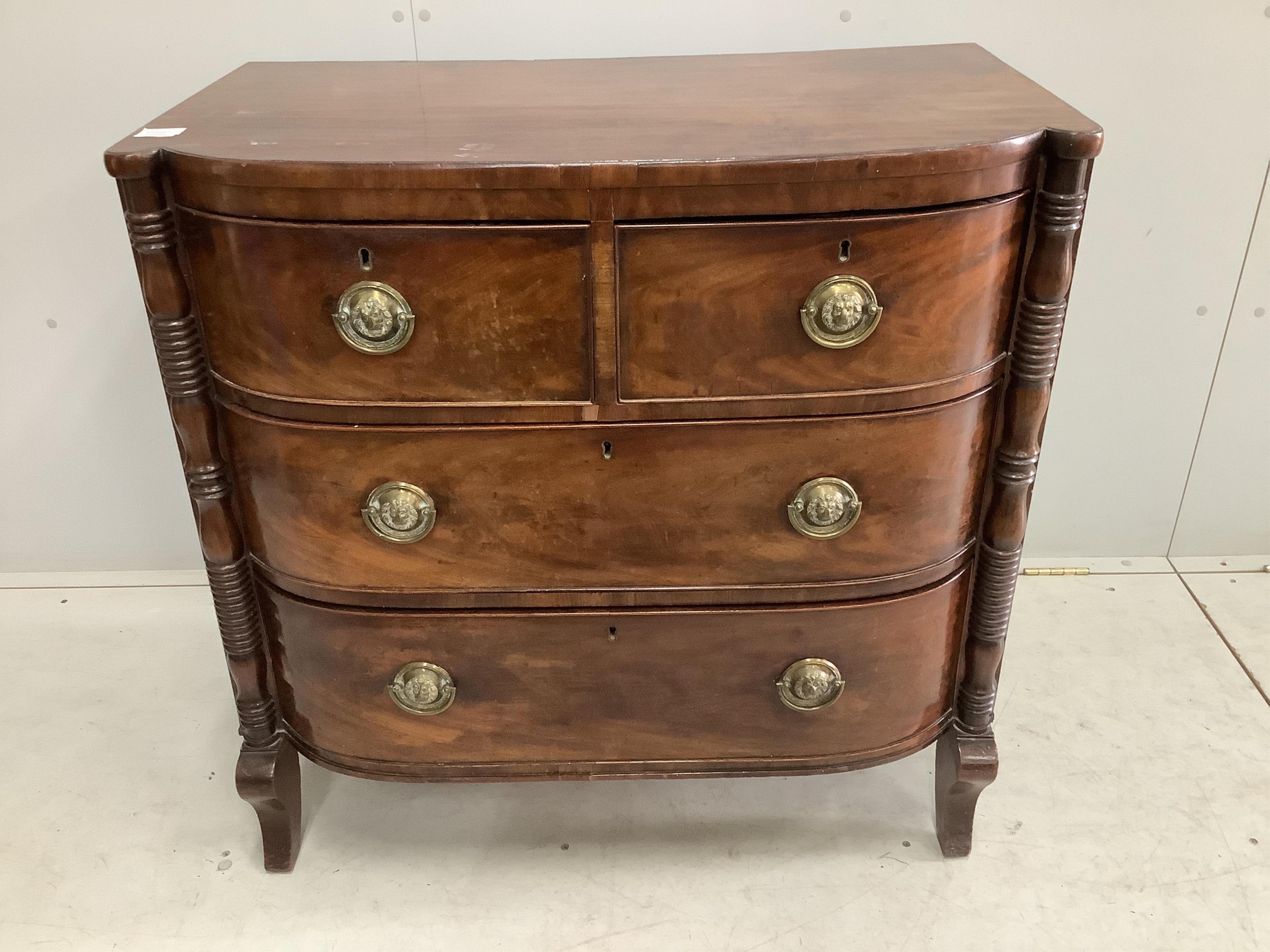 A Regency mahogany bowfront chest of four drawers, width 90cm, depth 51cm, height 89cm. Condition - fair
